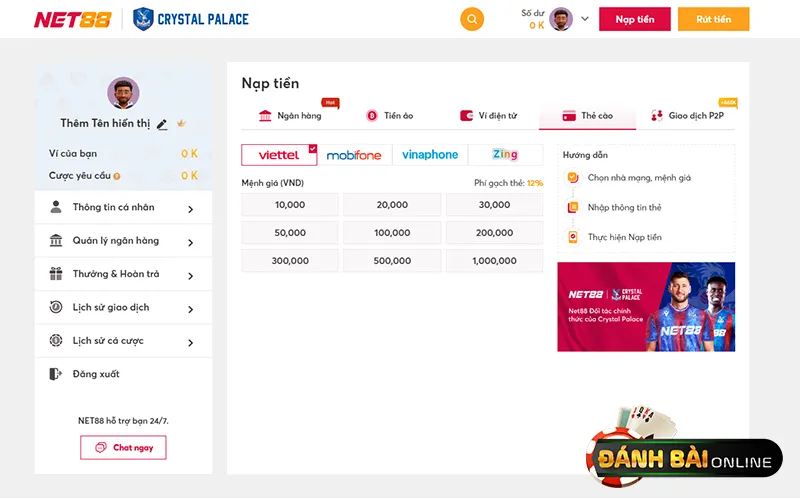 NET88 hỗ trợ nhiều phương thức nạp tiền tiện lợi