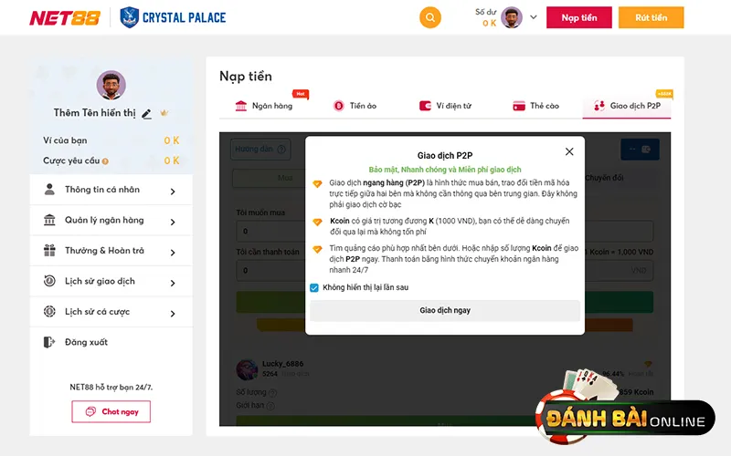 Giao dịch ngang hàng P2P khi nạp tiền Net88