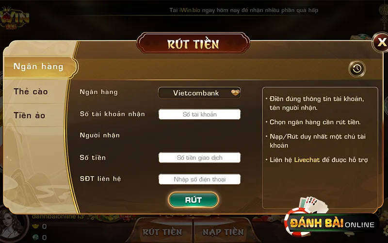 Hình thức rút tiền Iwin qua Ngân hàng