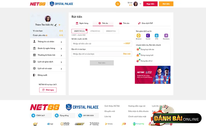 Giao diện rút tiền Net88 bằng USDT với thông tin ví tiền ảo
