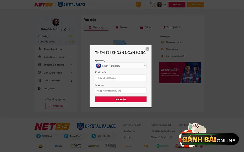 Biểu mẫu rút tiền Net88 với thông tin tài khoản Ngân hàng