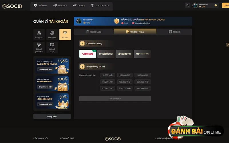 Rút tiền qua thẻ cào để tái đầu tư vào game tại SOC88