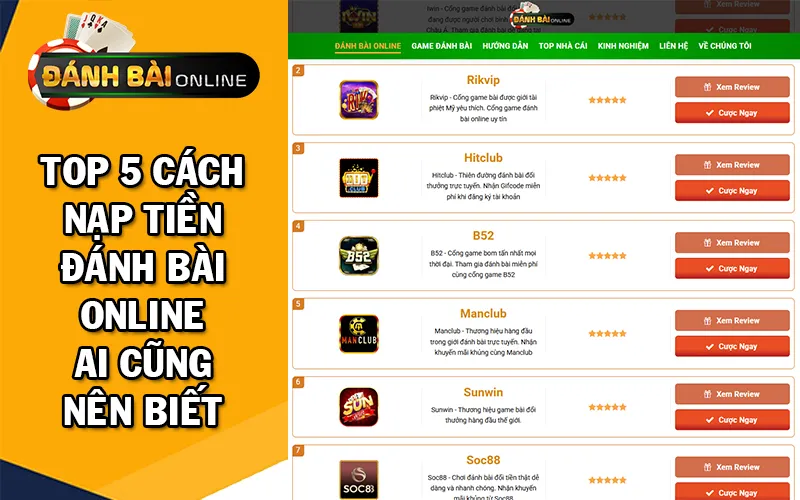 Top 5 cách nạp tiền Đánh bài online